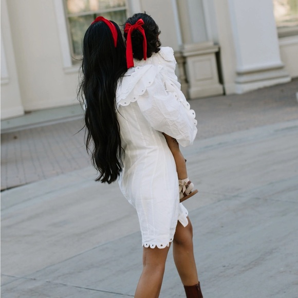 FARM RIO ANTHRO NWT White Embroidered Peter Pan Collared Long Sleeve Mini Dress - Picture 15 of 17